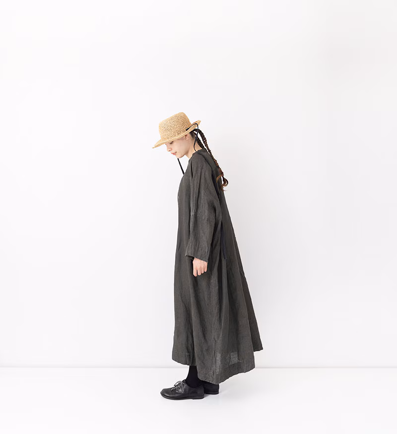 Veritecoeur Ink-dyed Linen Henley Neck Dress VC-2841 Brown - Image 6
