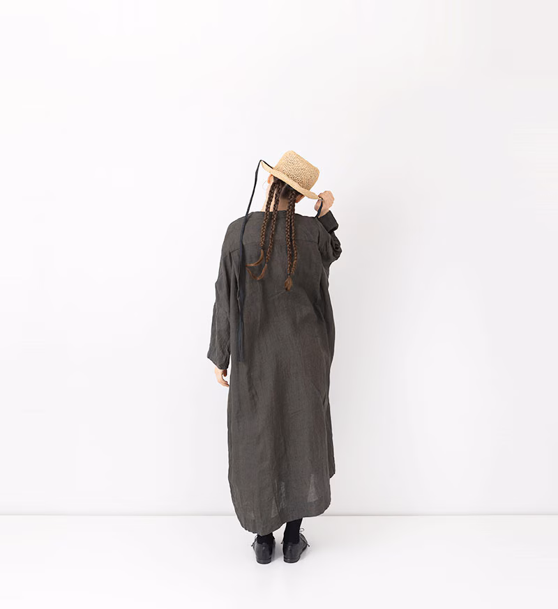 Veritecoeur Ink-dyed Linen Henley Neck Dress VC-2841 Brown - Image 5