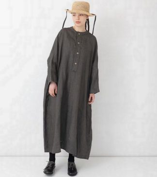 Veritecoeur Ink-dyed Linen Henley Neck Dress VC-2841 Brown